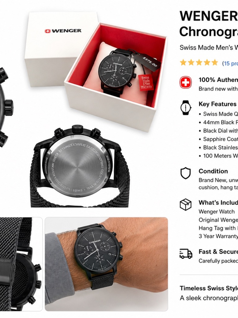 Wenger Men’s Black Chronograph Watch
